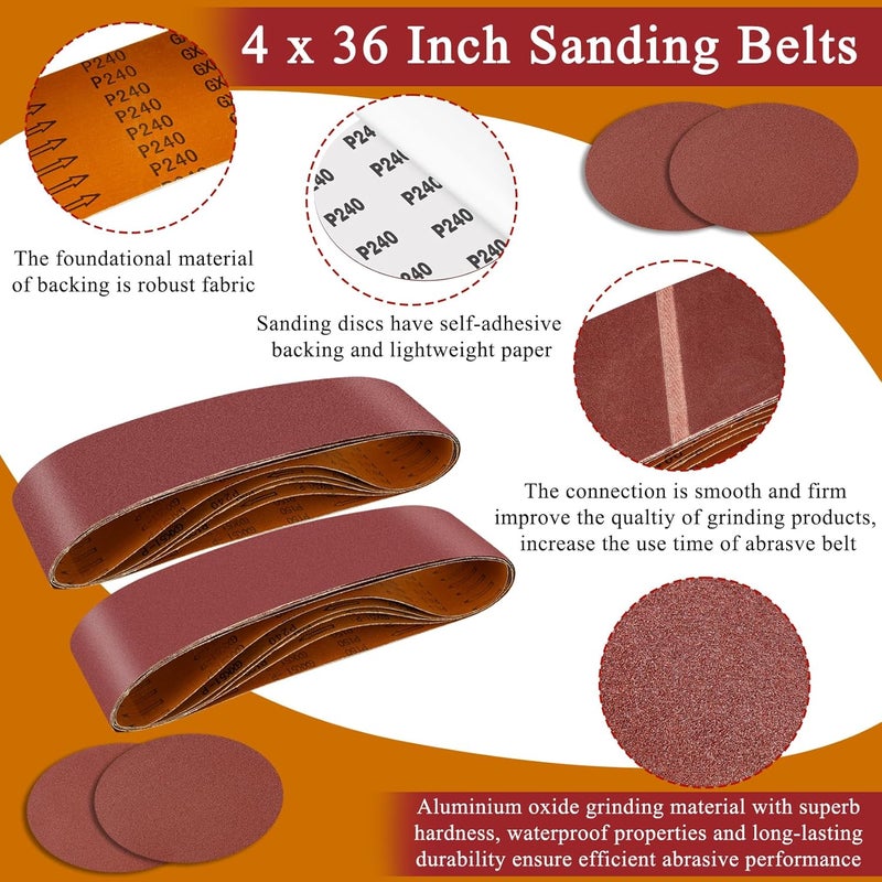 ONLYFU 33PCS 4 x 36 Inch Alumina Sanding Belts (80/120/150/240/400 Grits) with 6 Grits 6-Inch Self Stick No Hole Sanding Disc for Aluminum Oxide Sanders, Sandpaper for Wood Metal Stainless Steel - Image 4